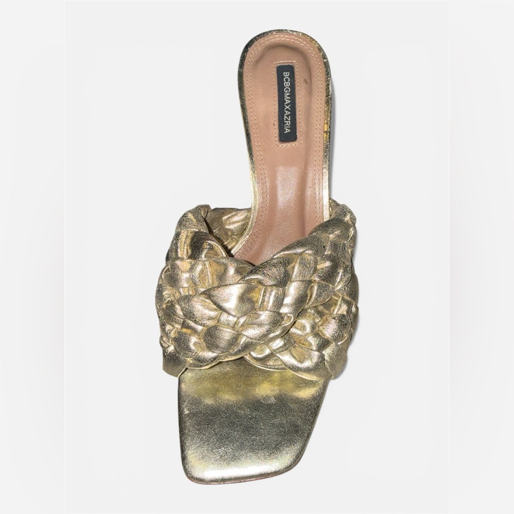 BCBGMAXAZRIA Gold Braided Leather Mule Heels Size 10 Square Toe Sandals